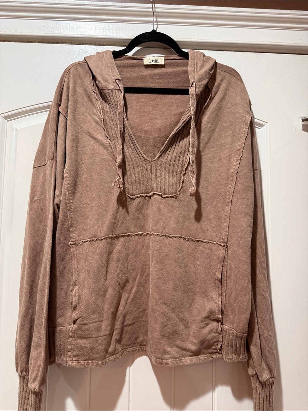 Washed Taupe V-Neck Hooded Pullover